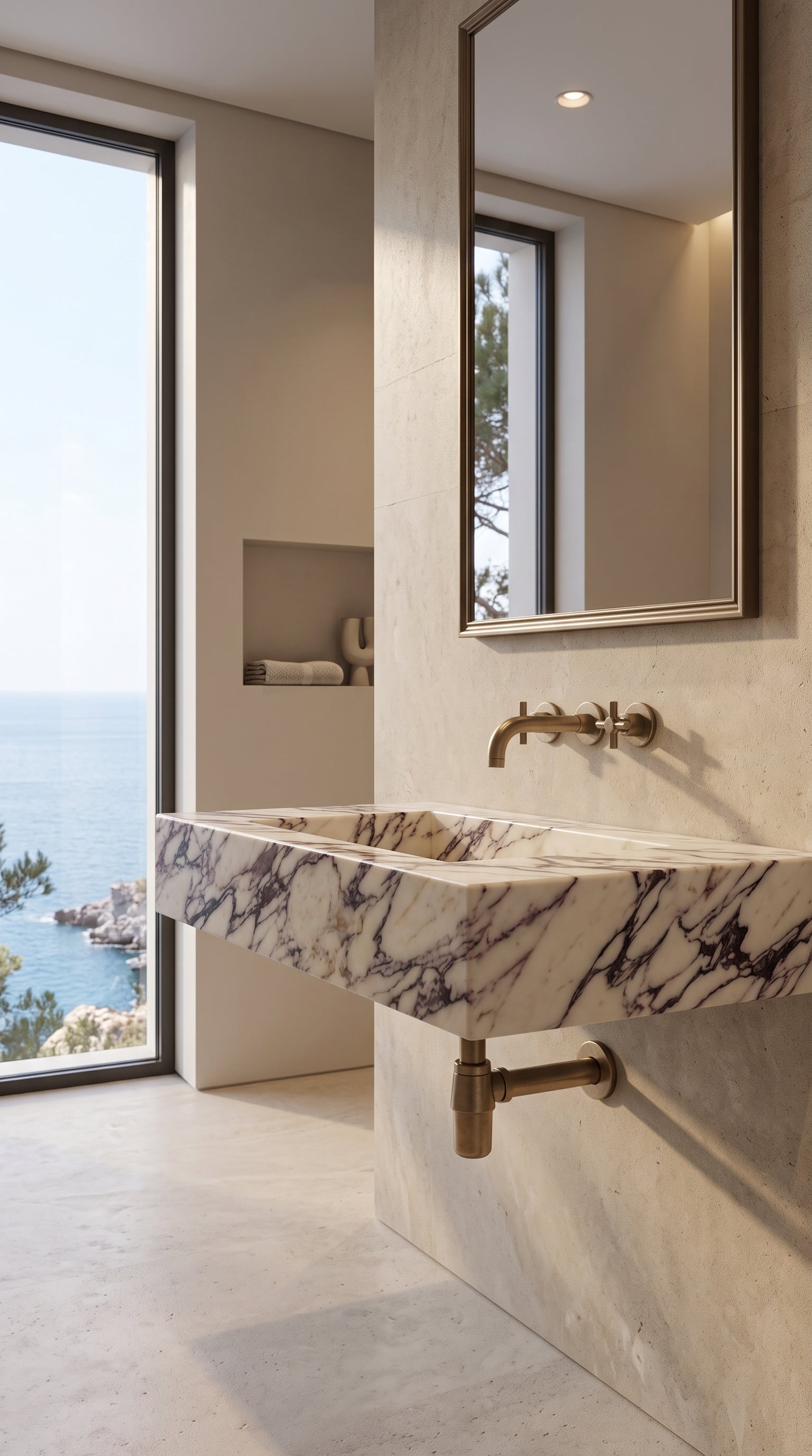 Floating Calacatta Viola marble sink in a bright coastal luxury bathroom