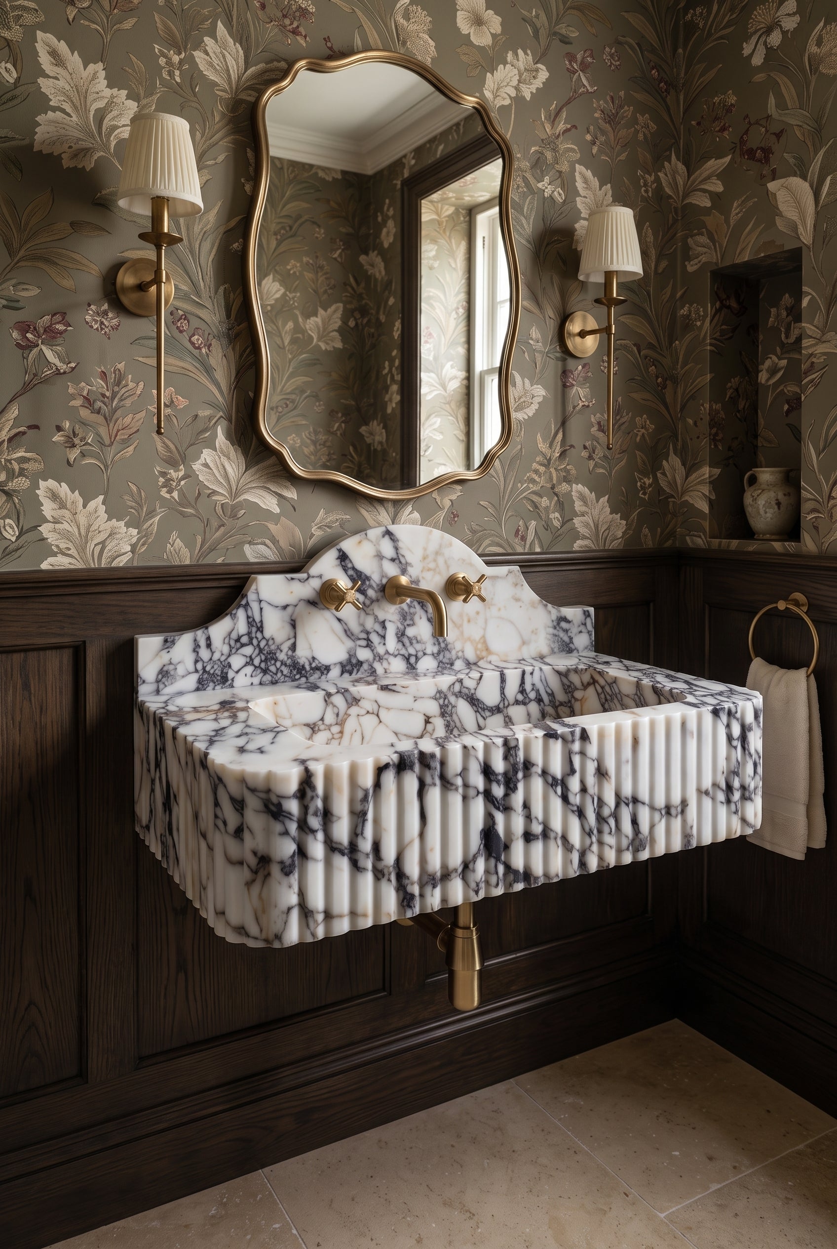 Calacatta Viola Fluted Marble Wall-Mounted Sink with Backsplash