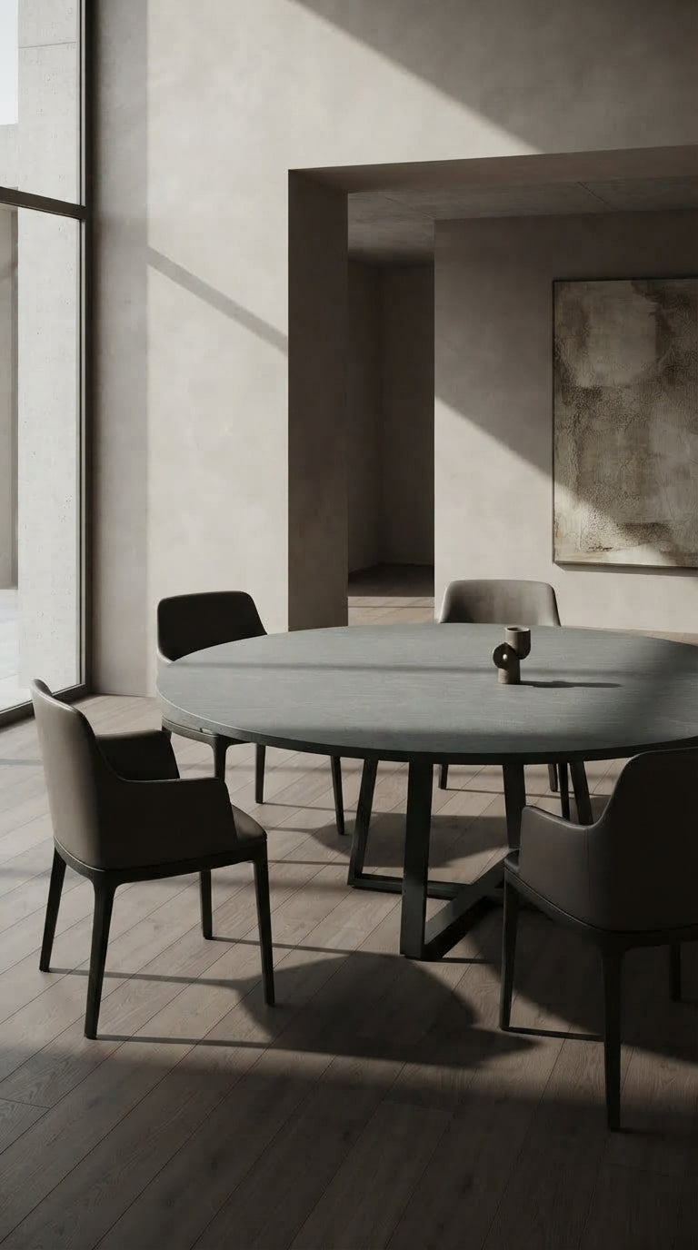 Round graphite grey porcelain tabletop presented in a minimalist architectural dining interior