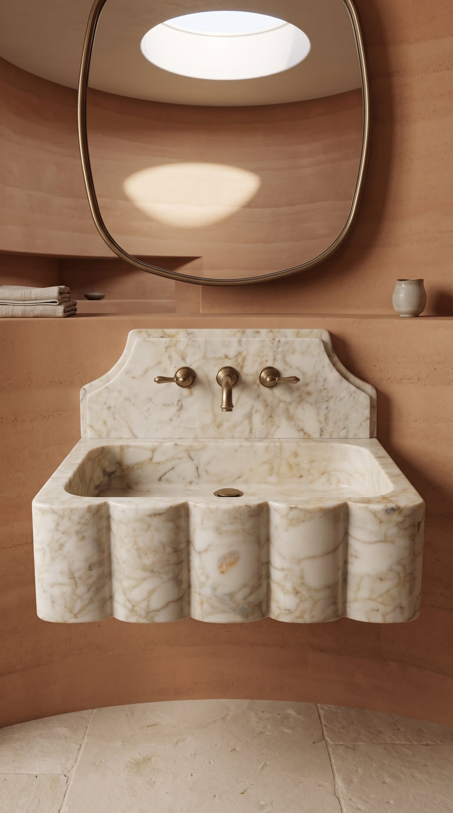 Front view of a scalloped Calacatta Gold marble sink in a warm terracotta bathroom with a rounded mirror and minimalist styling.