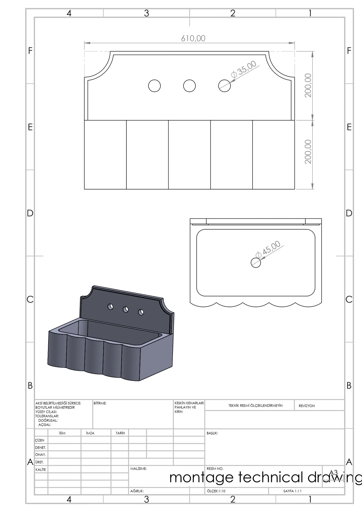 Technical drawing of a custom wall mounted marble sink showing the basin, curved backsplash, faucet openings and product dimensions.