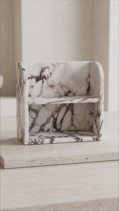 Calacatta Viola marble countertop organizer showcasing its two-tier design, natural veining and handcrafted details
