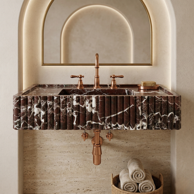 fluted Rosso Levanto marble sink wall mounted luxury bathroom video