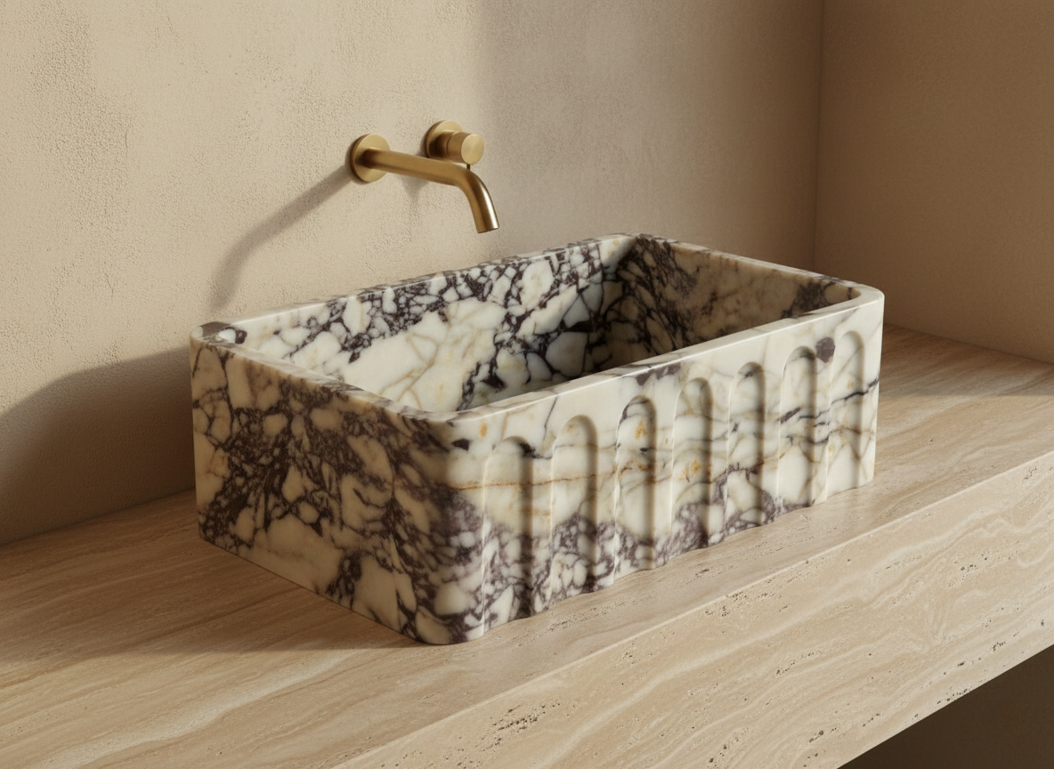 Fluted Calacatta Viola marble sink video showcasing rectangular luxury vessel sink design