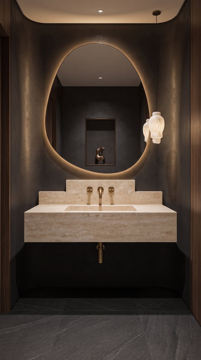 Video showcasing the 90 cm travertine floating sink from multiple angles in luxury bathroom interiors.
