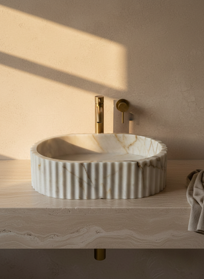 Fluted marble vessel sink video showcasing handcrafted Afyon Seker marble bathroom basin with natural stone texture