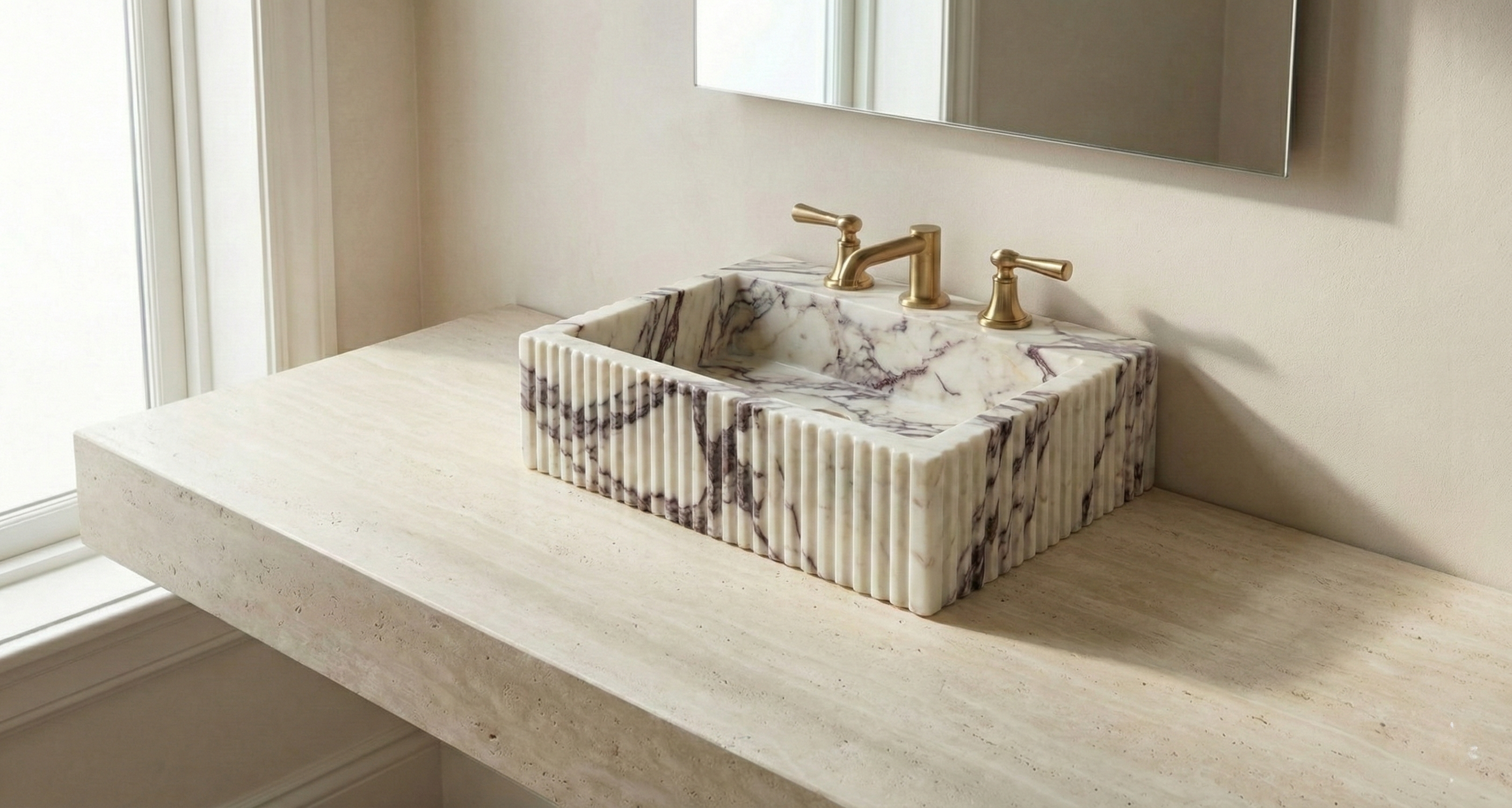 Hand-carved fluted Calacatta Viola marble sink showcasing texture and natural veining details