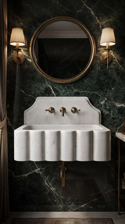 Cinematic presentation of a handcrafted Muğla White marble floating sink featuring its honed finish, scalloped design and luxury interiors.