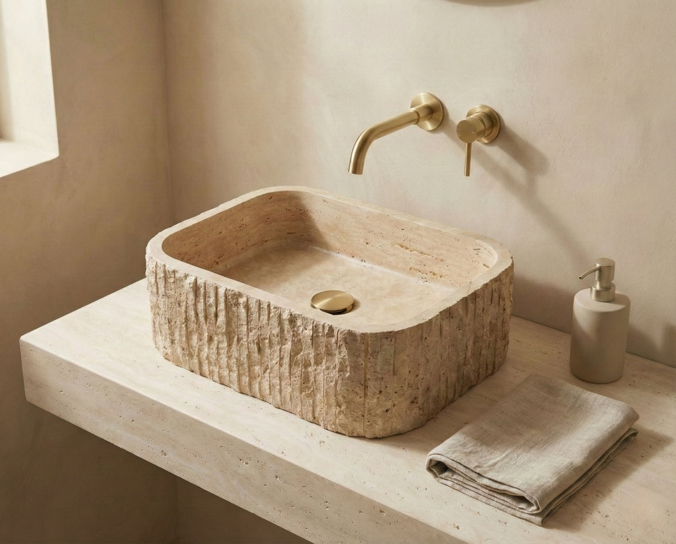 Travertine vessel sink rectangular fluted bathroom basin product video modern bathroom