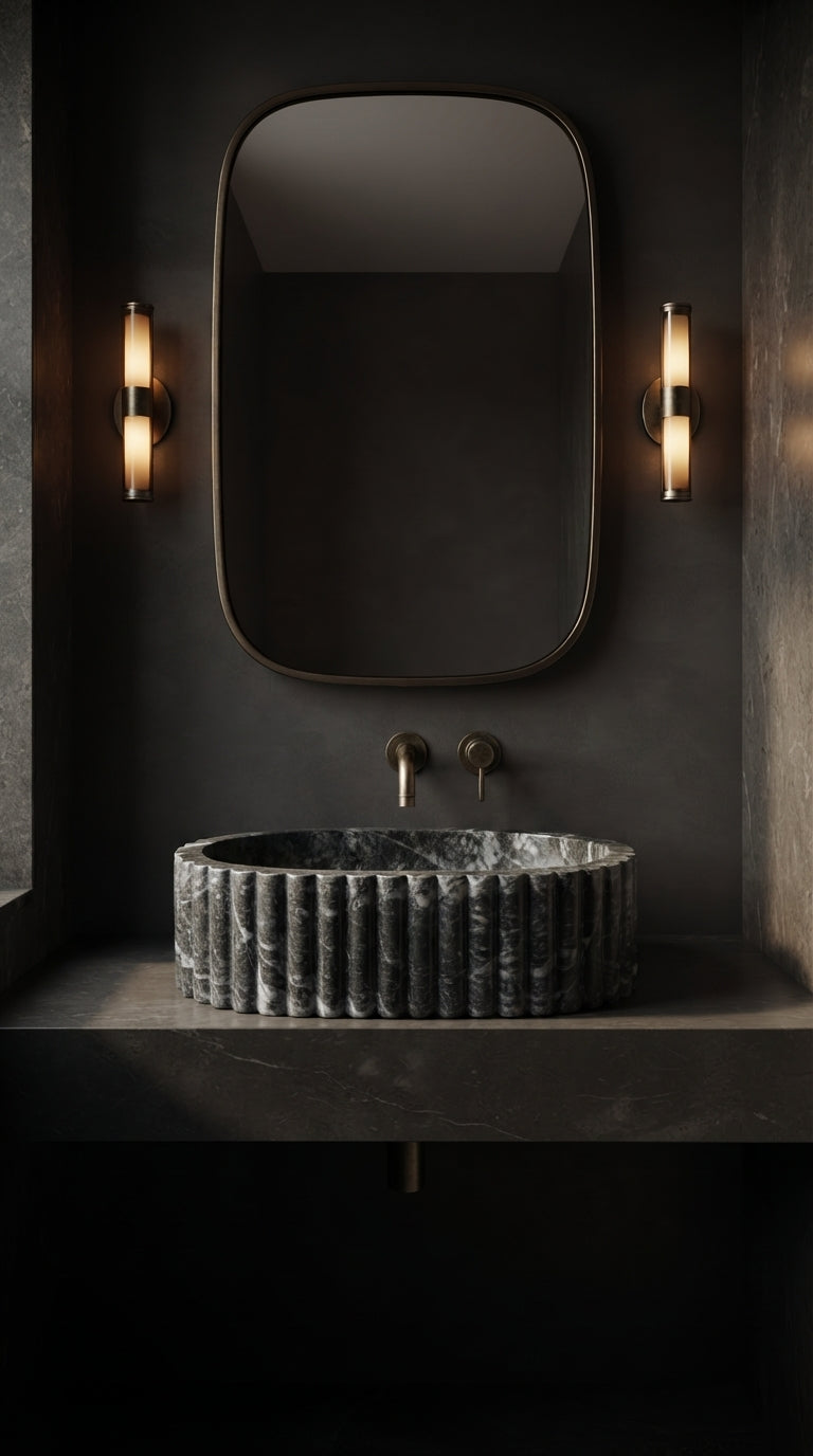 Video showcasing an oval fluted marble vessel sink in bathroom settings, with close-up views of its veining, carved details and flowing water.