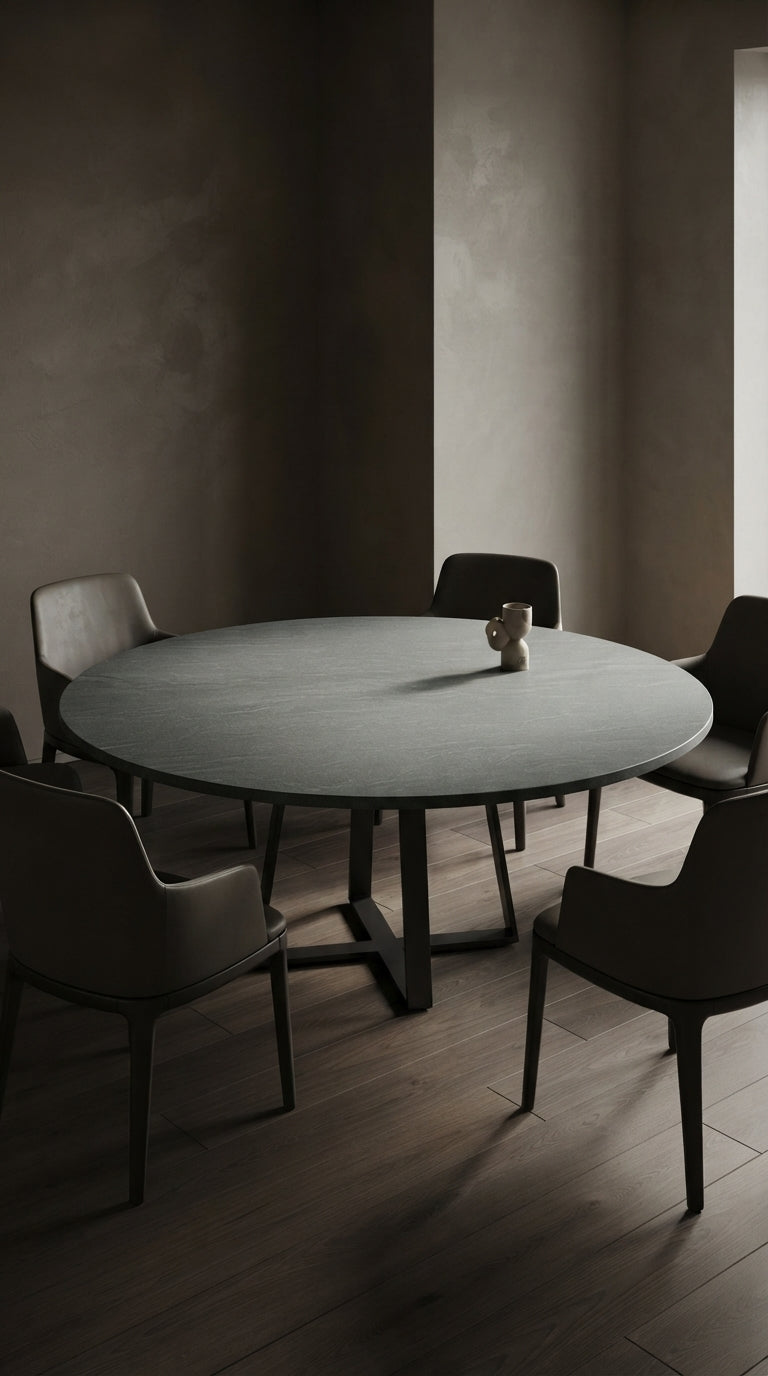 Video showcasing the round Pietra di Cardoso Grigio porcelain tabletop and its textured graphite grey finish