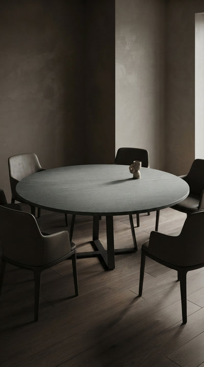 Video showcasing the round Pietra di Cardoso Grigio porcelain tabletop and its textured graphite grey finish