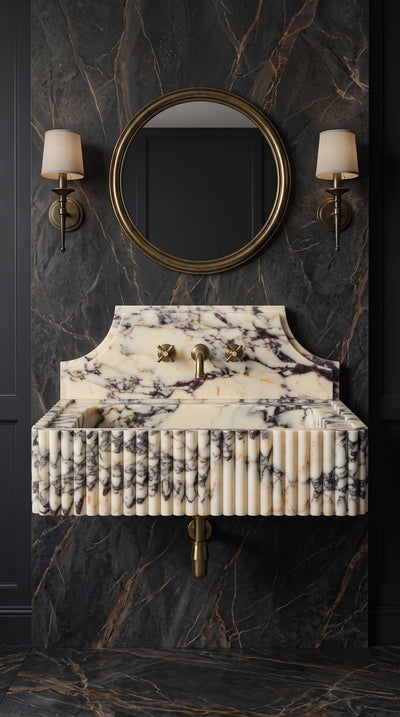 Video tour of the handcrafted Calacatta Viola wall-mounted sink highlighting its veining, fluted facade and backsplash.