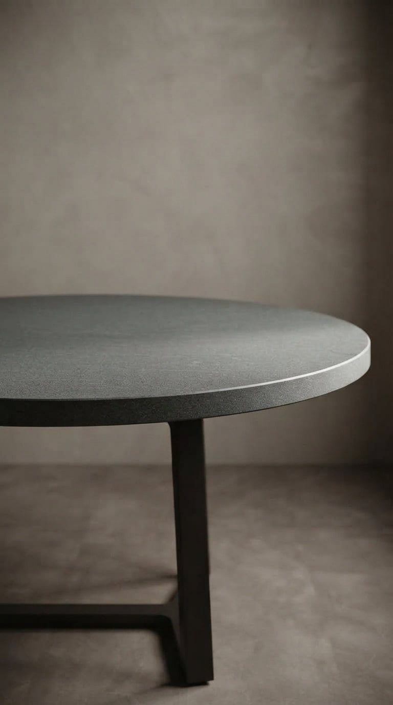 Side profile showing the slim 2 cm edge of a round Pietra di Cardoso Grigio porcelain tabletop