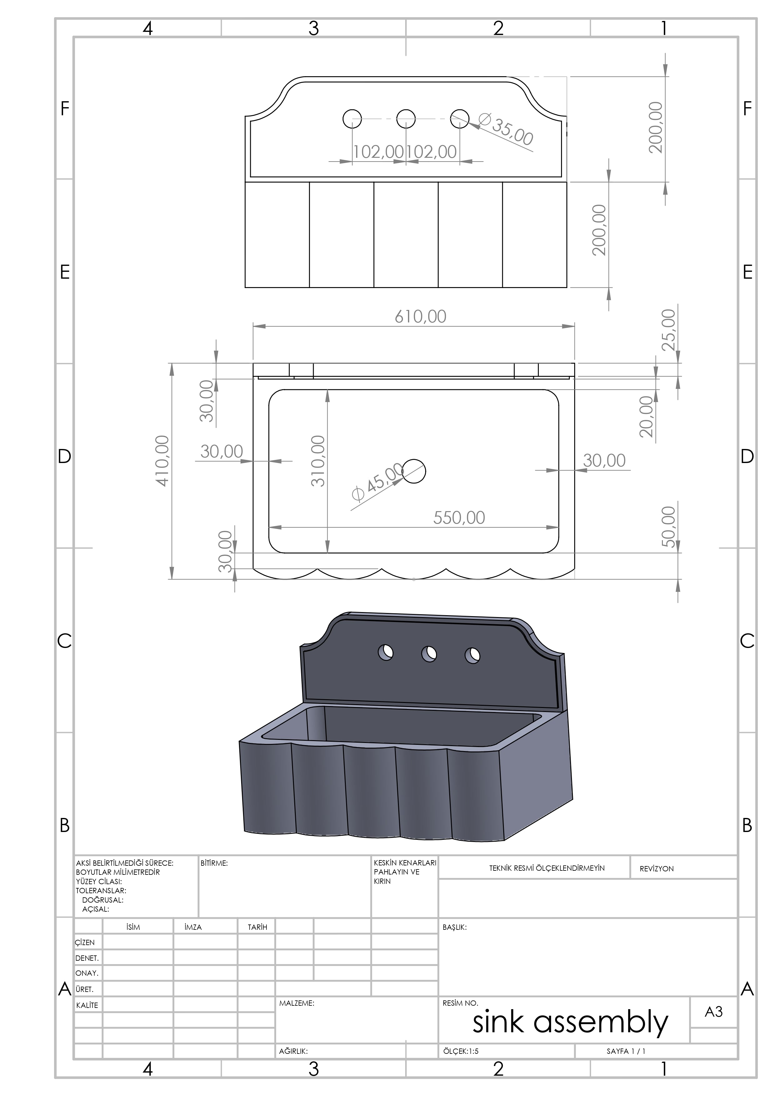 Technical drawing of the 61 × 41 cm Calacatta Gold marble sink with basin, backsplash, drain and faucet-hole measurements.