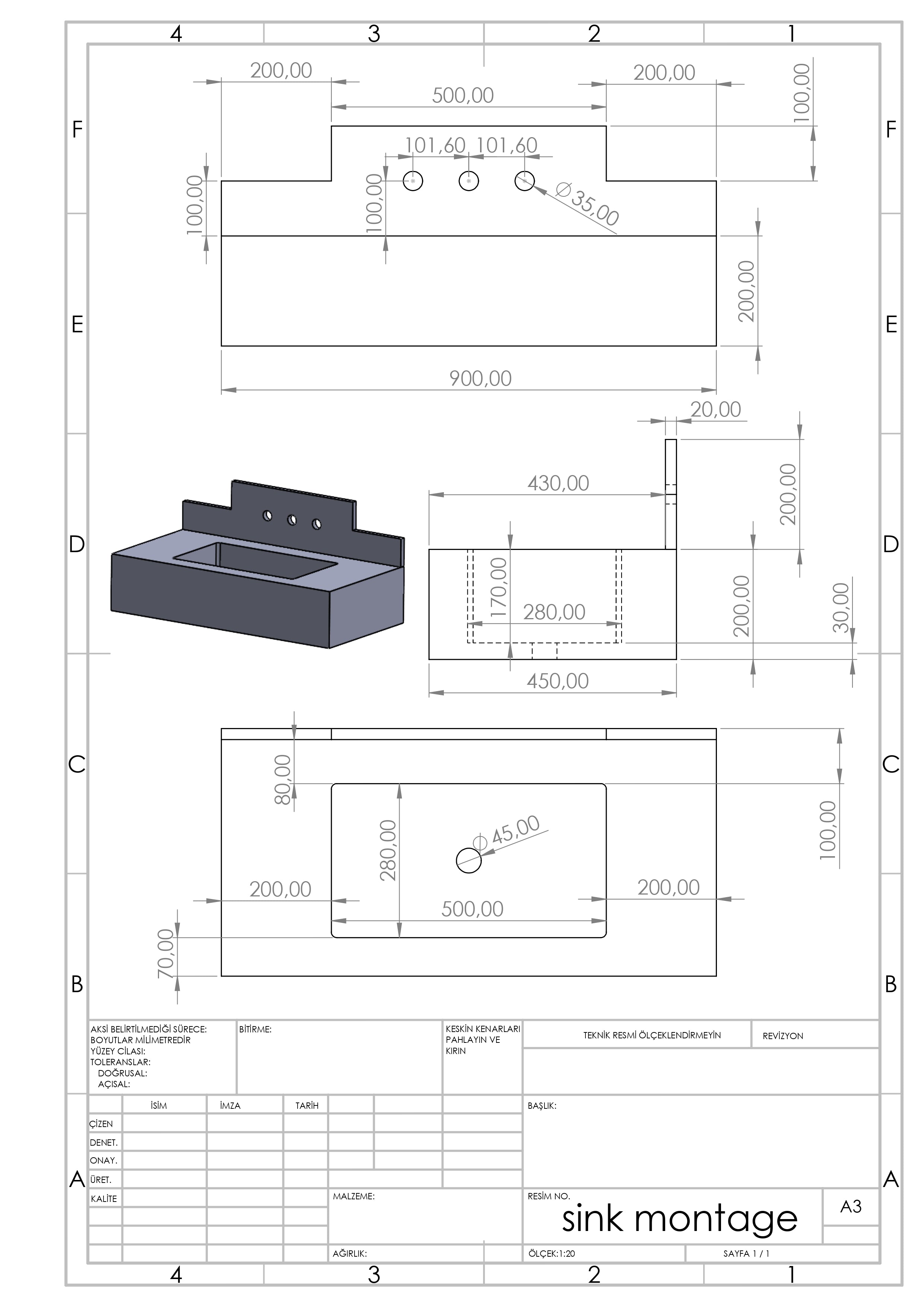 Technical drawing of the 90 × 45 × 20 cm wall-mounted travertine sink and stepped backsplash.
