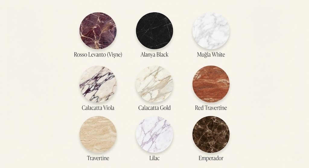 Natural stone options available for handcrafted marble sink including Calacatta Viola, Travertine, Rosso Levanto, and more
