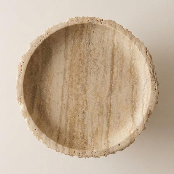 Top view of natural travertine pedestal bowl showing honed interior
