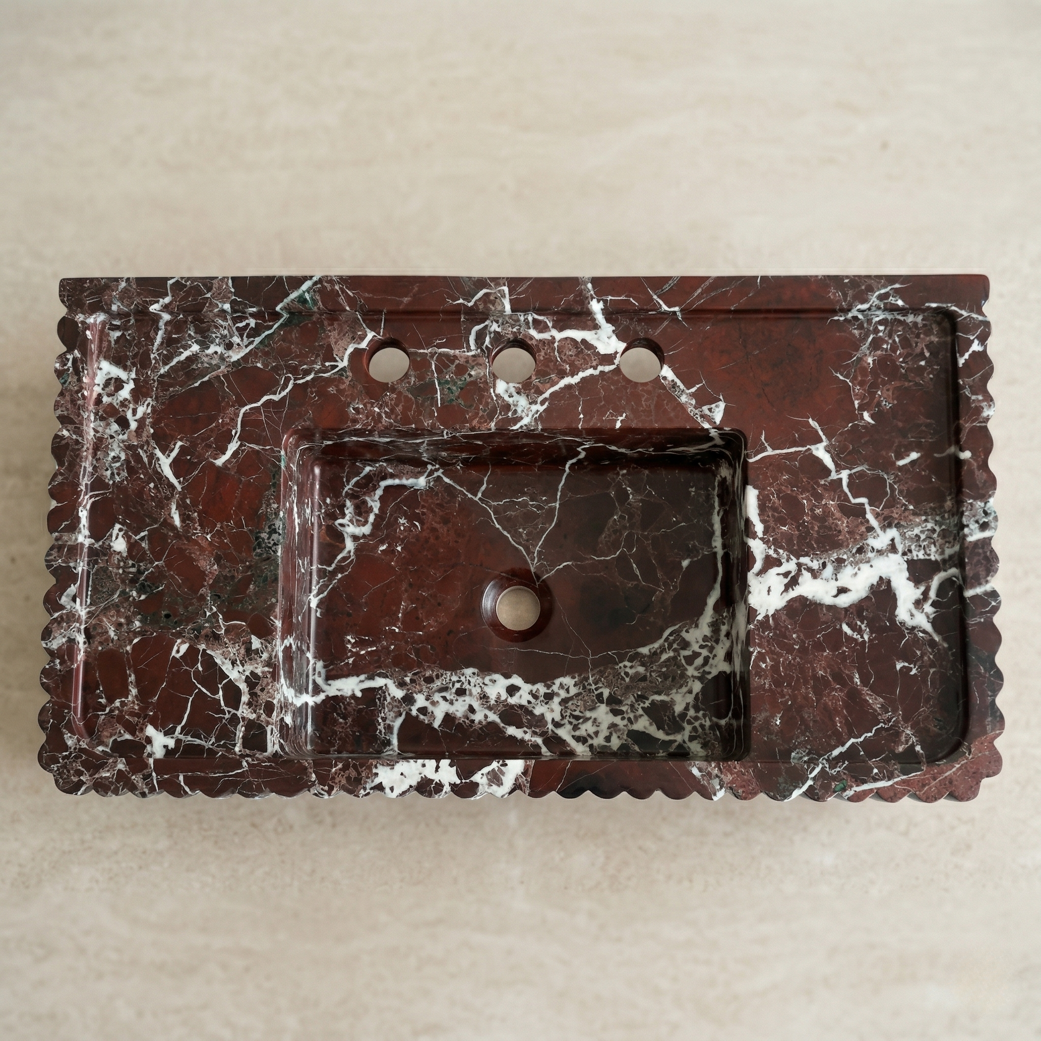  top view Rosso Levanto marble sink rectangular fluted basin design