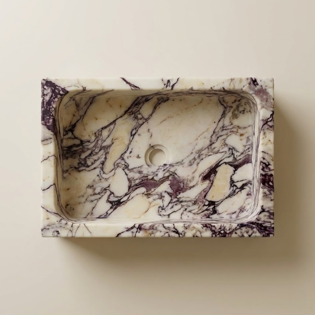 top view calacatta viola marble sink rectangular shape bathroom basin