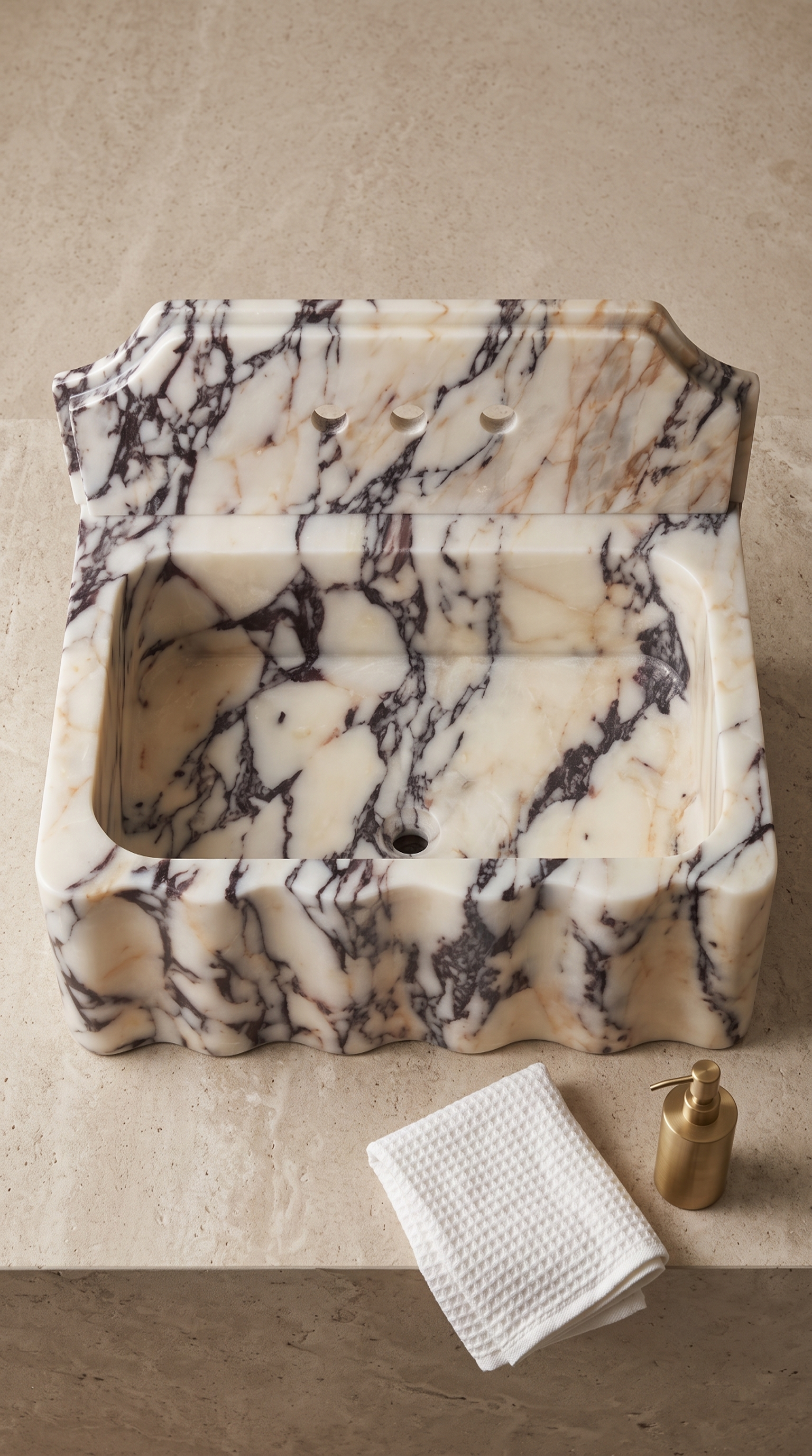 Top View of Handmade Calacatta Viola Marble Sink with Integrated Basin
