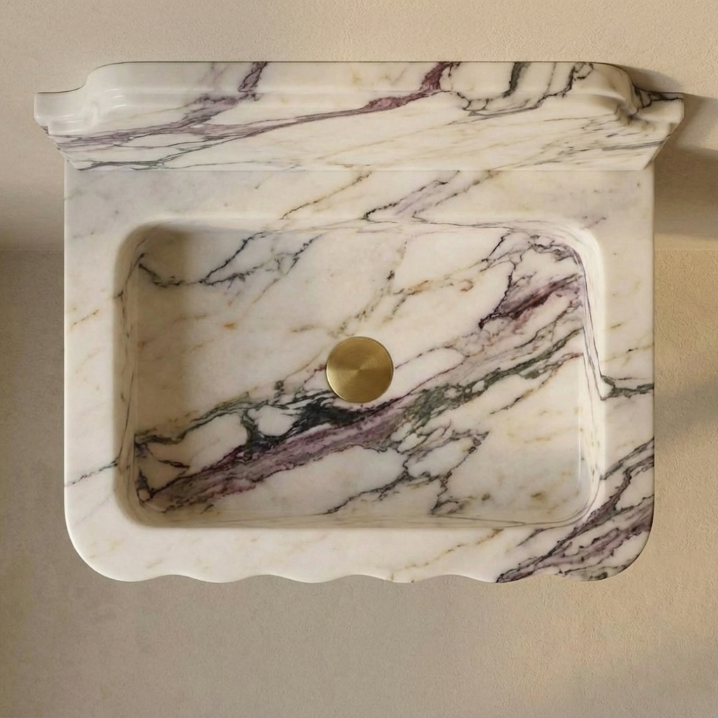 Top view of Calacatta Viola marble wall mounted sink with backsplash, rectangular vessel sink design