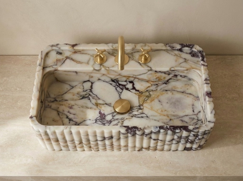 Top view Calacatta Viola marble fluted sink vessel basin natural stone bathroom sink detail
