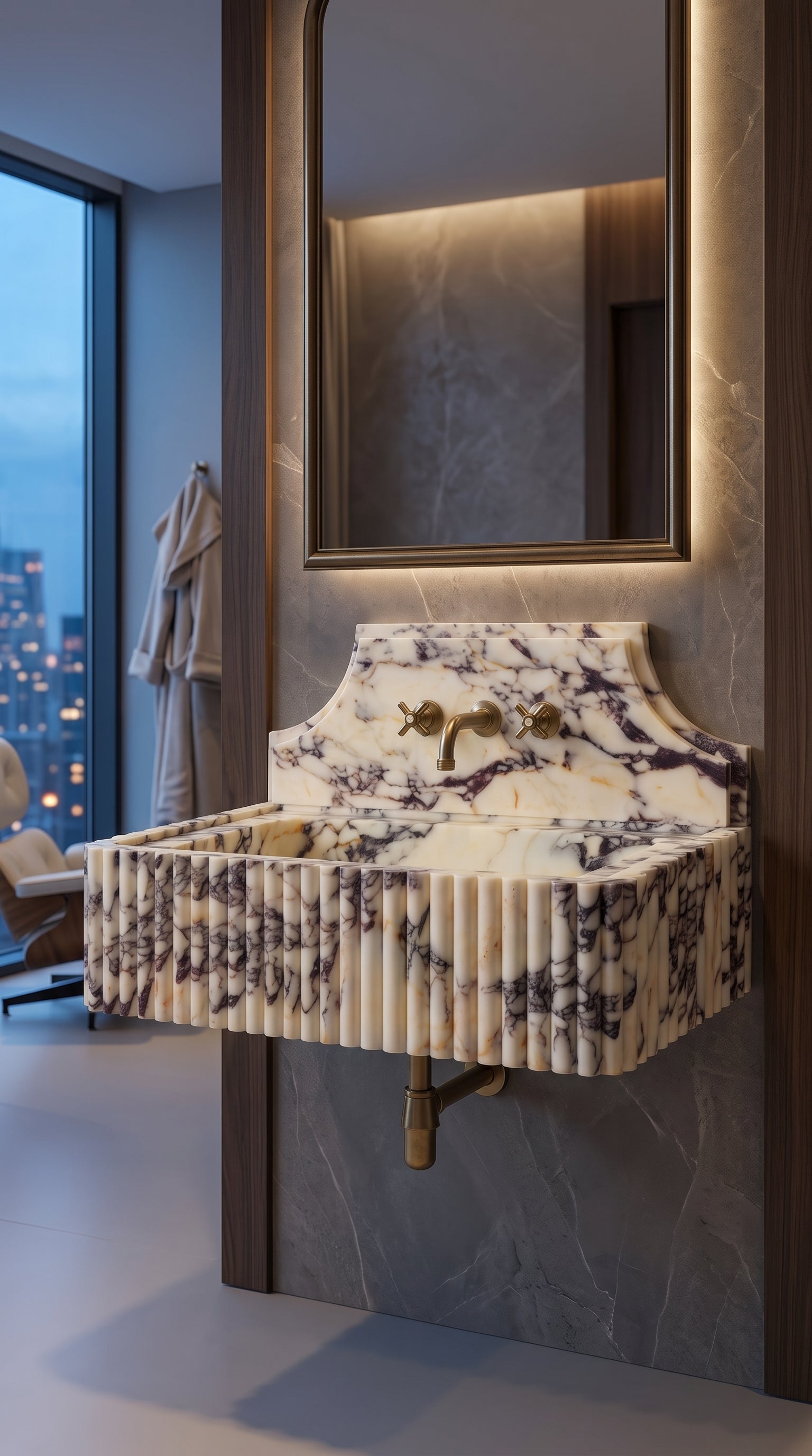 Angled video view of the floating Calacatta Viola sink in a modern high-rise bathroom with city views.