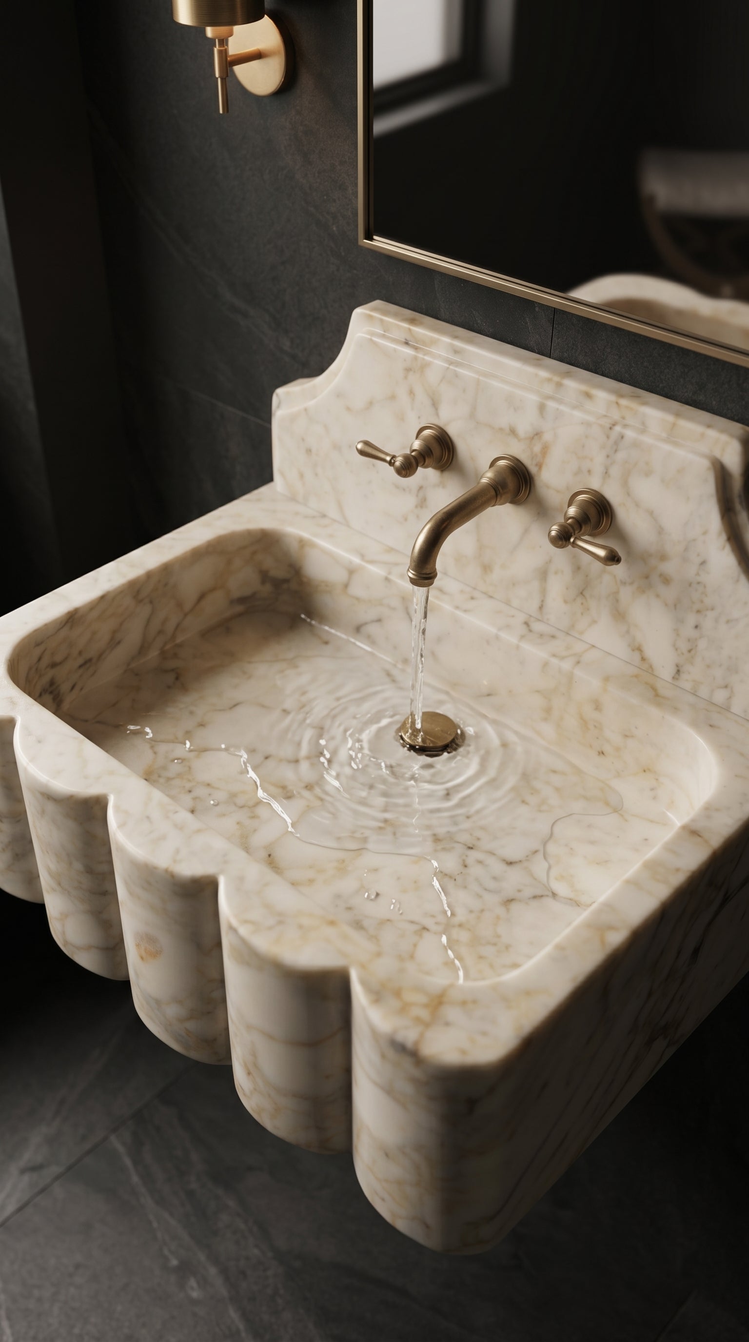 Calacatta Gold marble sink in use with running water, showing the polished basin, brass faucet and functional center drain.