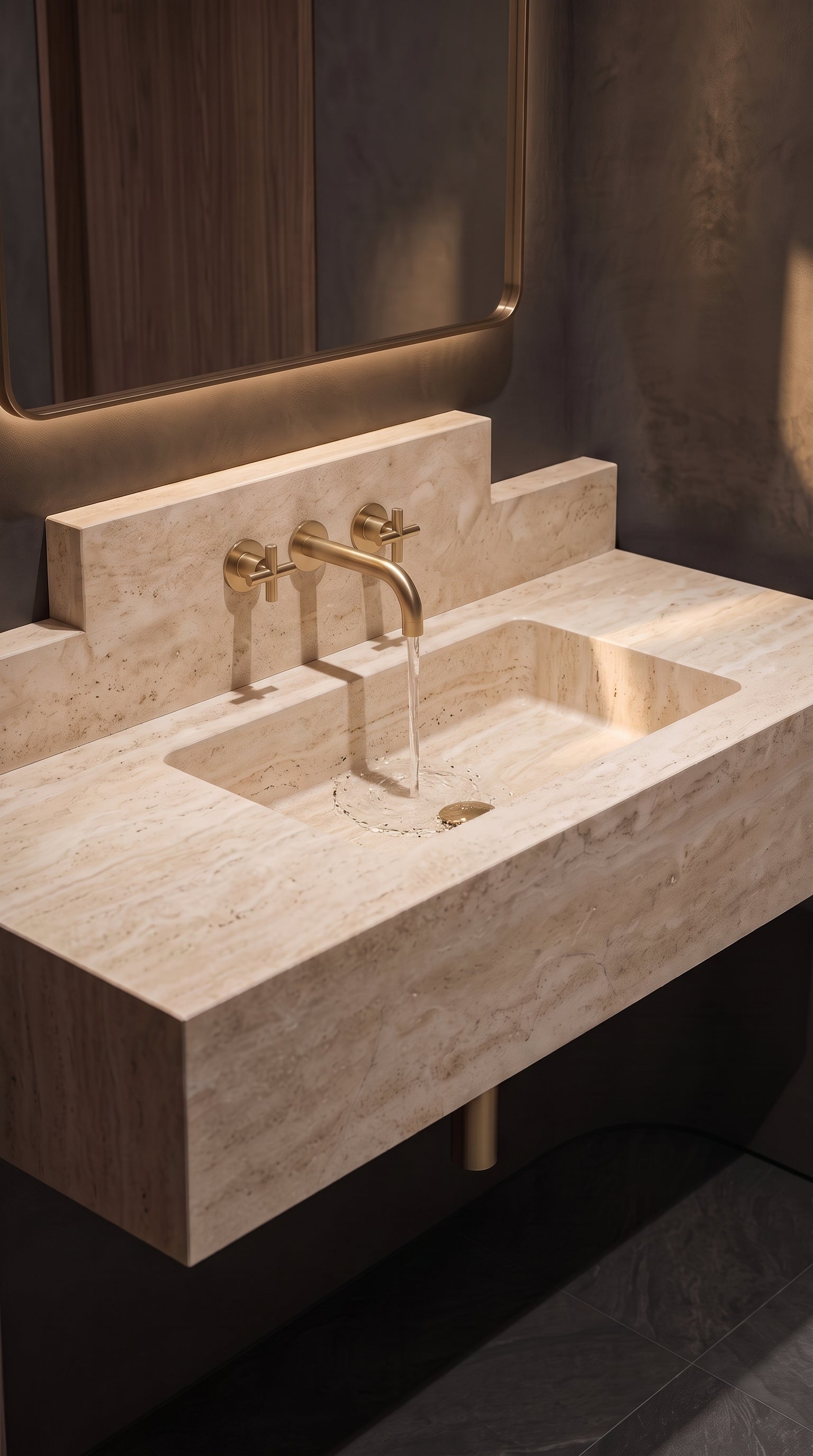     Water flowing into the integrated travertine basin from a brushed brass widespread faucet.

