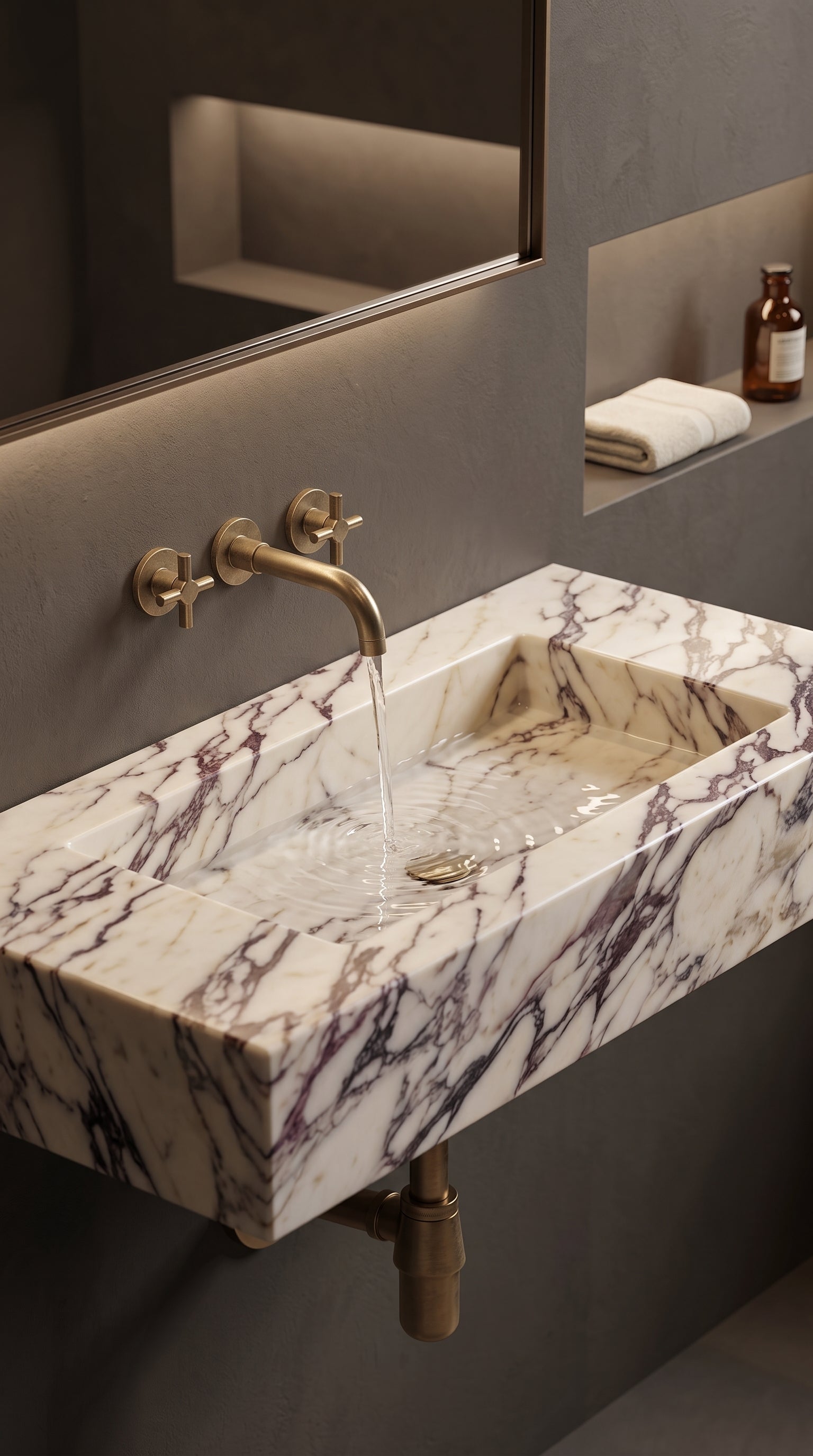 Running water over a handcrafted Calacatta Viola marble sink basin